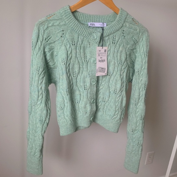 ZARA Light Green Cropped Knit Cardigan Size S NWT - Picture 2 of 4